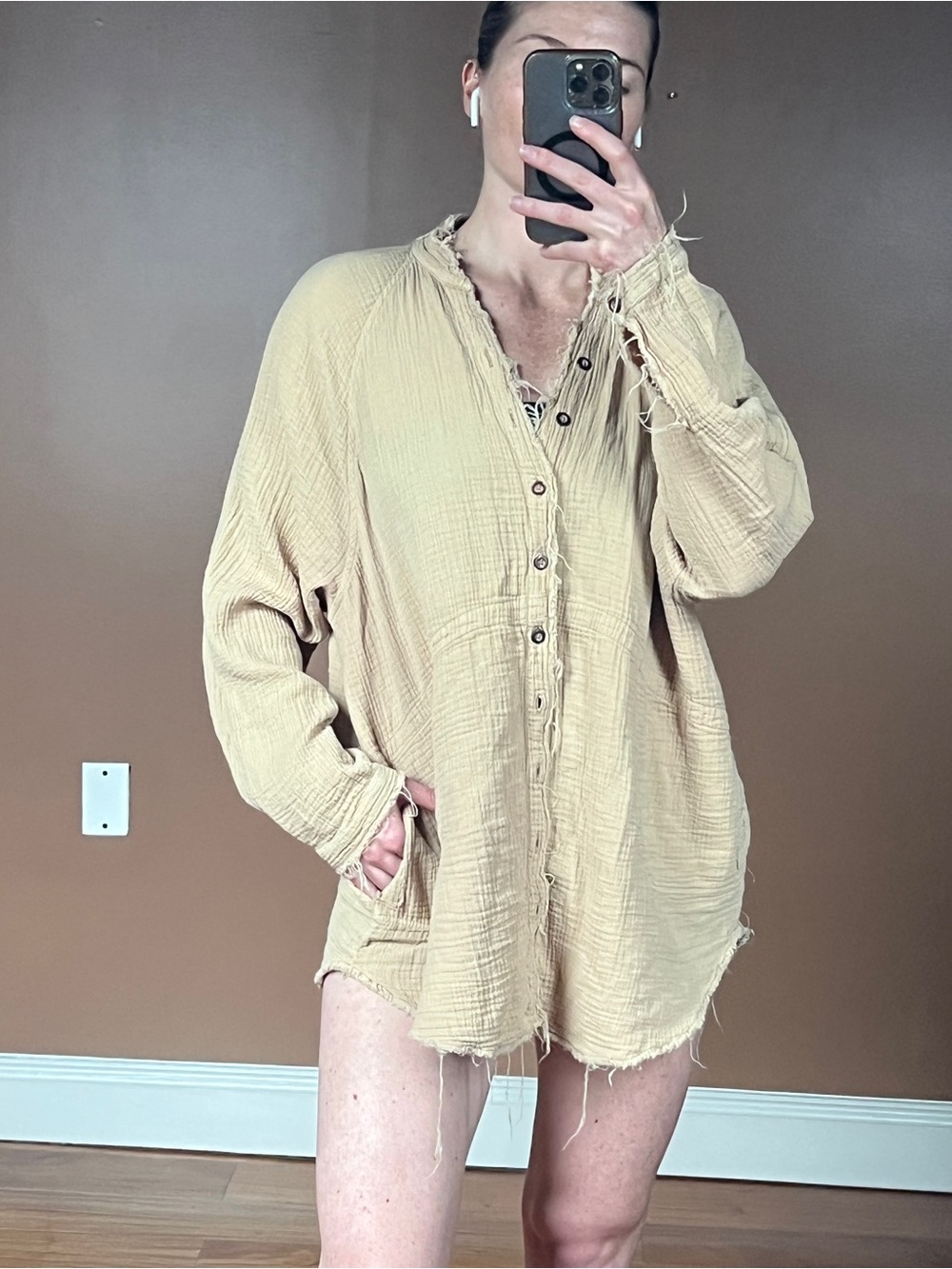 We The Free Frayed Gauze Button-Front Tunic in Light Tan